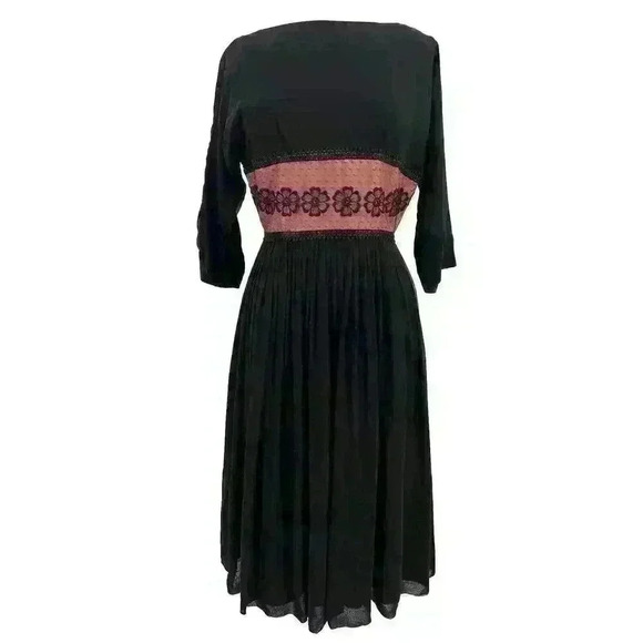 Vintage 50s Betty Hartford Black Sheer Overlay Dress Lace Trim Rockabilly Retro - Picture 1 of 15